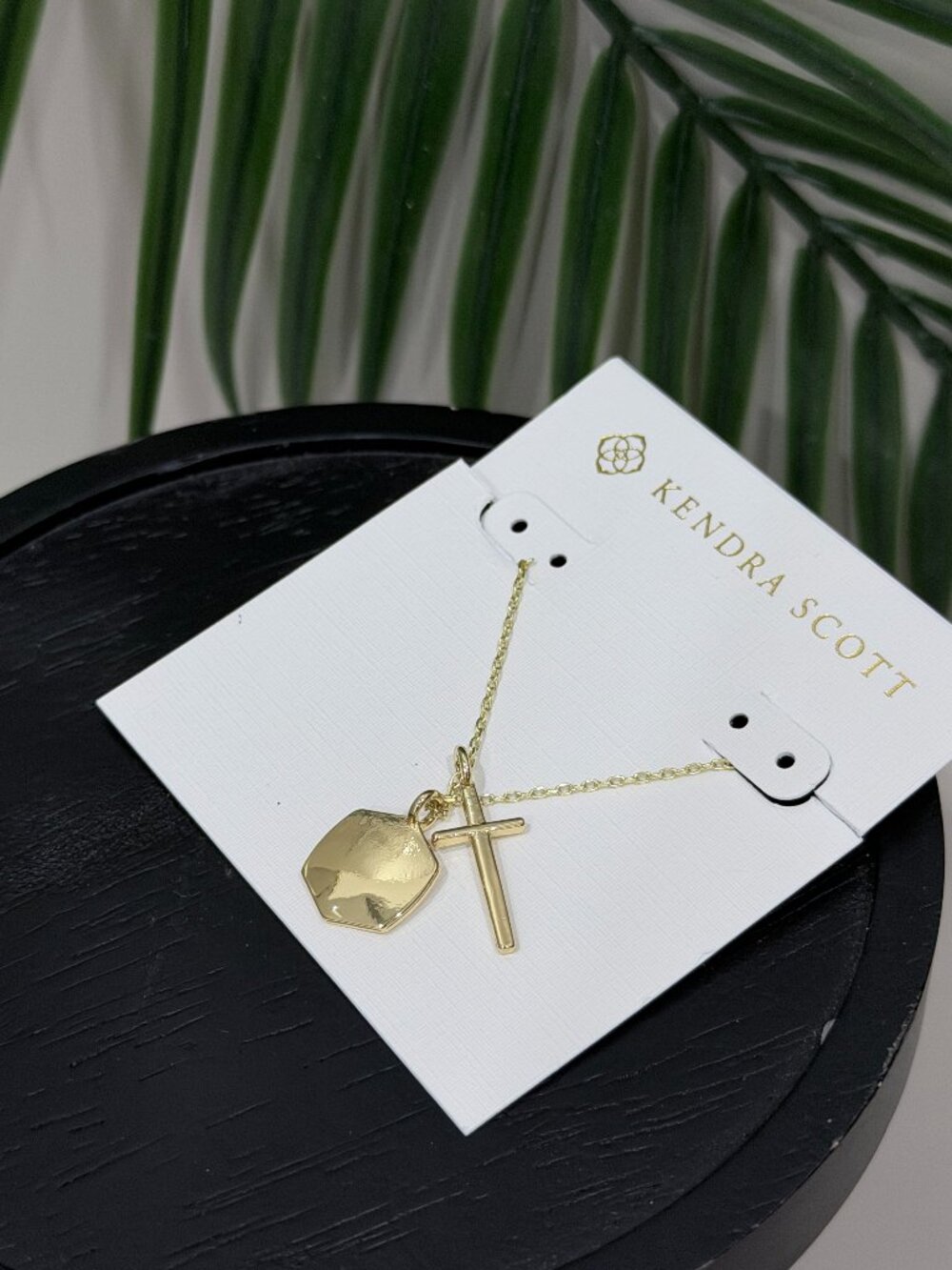 Kendra Scott Gold‑Tone Dual Charm Necklace Cross & Hammered Hexagon Disc Pendant